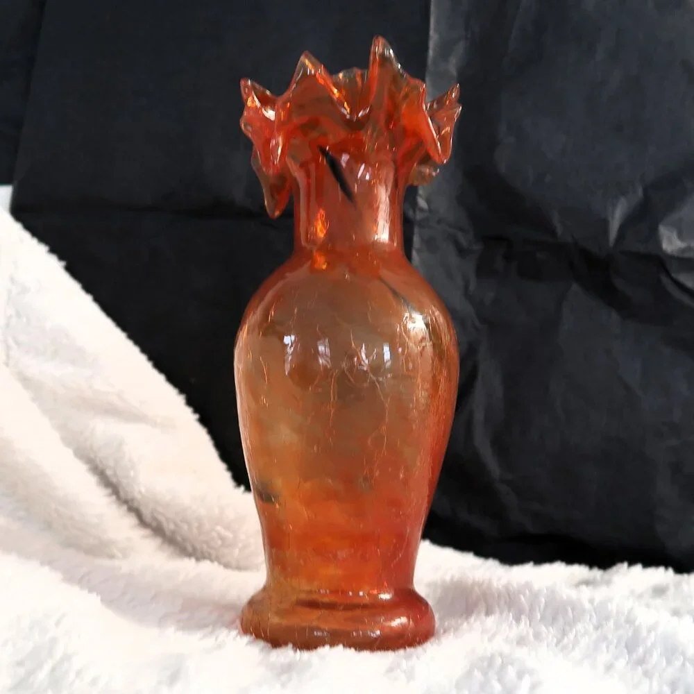 Vintage Hand Blown Orange Crackle Glass Ruffled Vase 9In Eye Catcher Home Decor